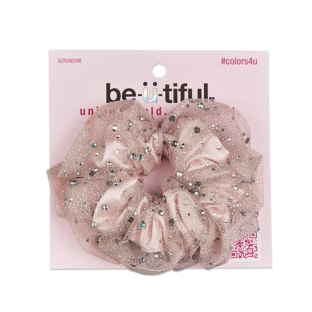 Rhinestone Embellished Hair Scrunchie - Pink - Bellso